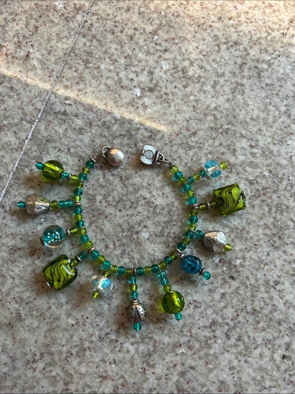 Green and Teal Beaded Charm Bracelet